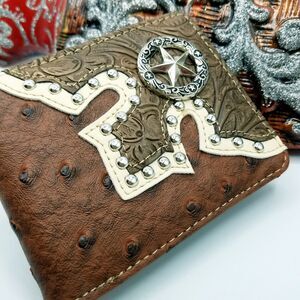 STAR Mens Wallet Western Bifold studded Brown, patchwork for credit card ,bills